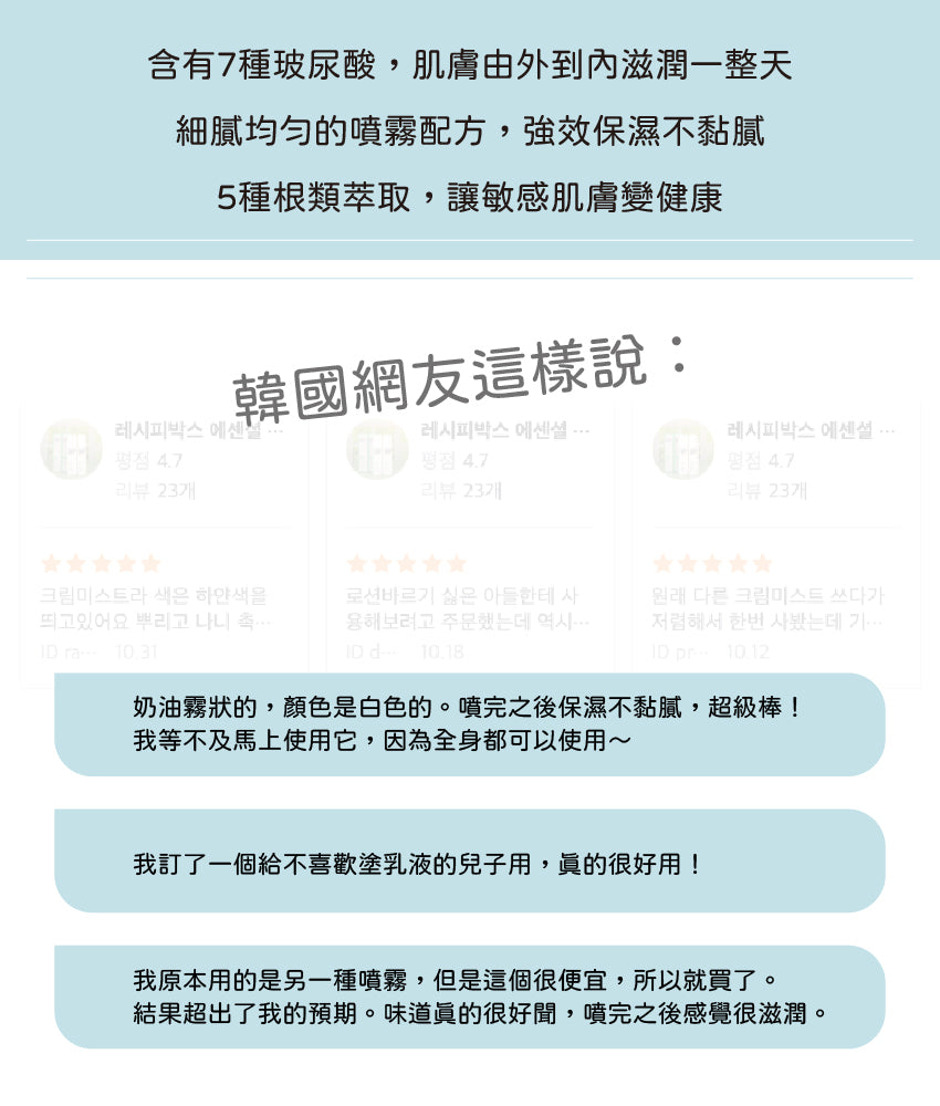 【Recipe Box】面部/身體超導保濕精華噴霧（面部乳液/身體乳液/保濕/敏感肌專用）