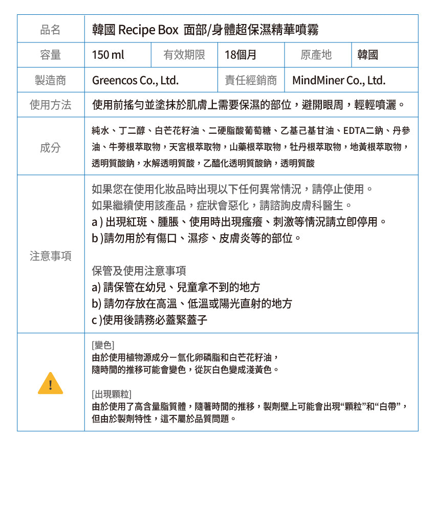 【Recipe Box】面部/身體超導保濕精華噴霧（面部乳液/身體乳液/保濕/敏感肌專用）