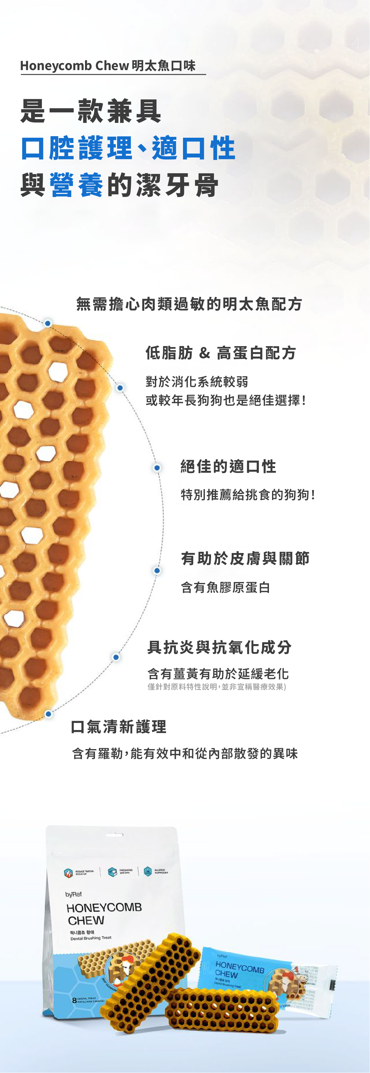 【by*Ref 】Honeycomb Chew蜂巢六角潔牙骨-明太魚(M) 16gx8/包